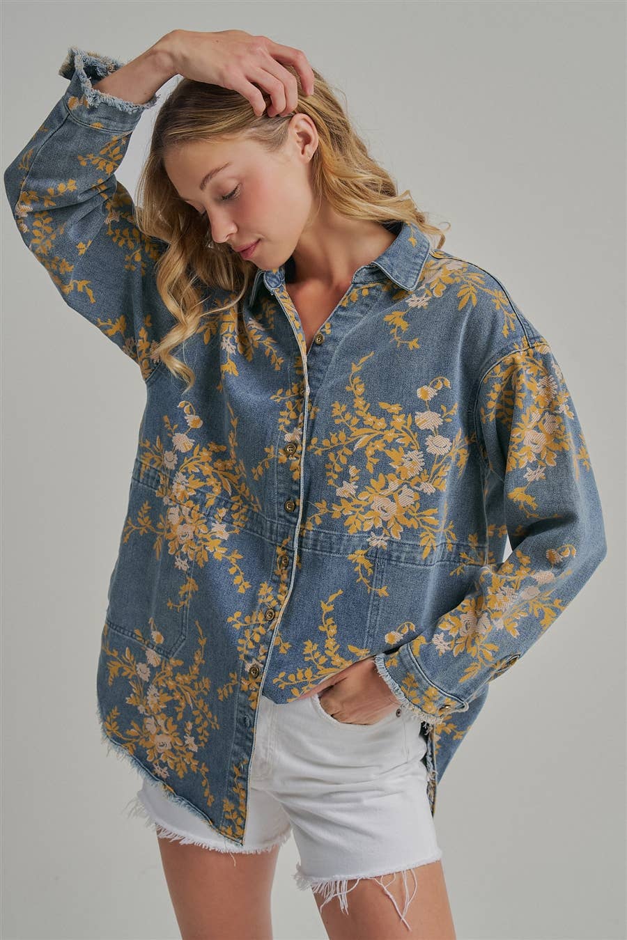 Floral Denim Relaxed Top with Pockets - 22 Palms Boutique