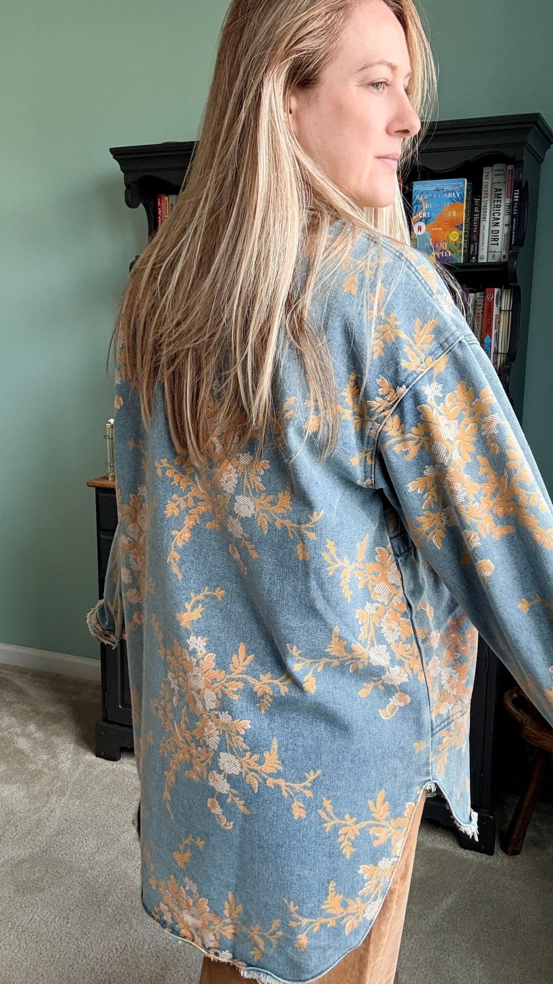 Floral Denim Relaxed Top with Pockets - 22 Palms Boutique