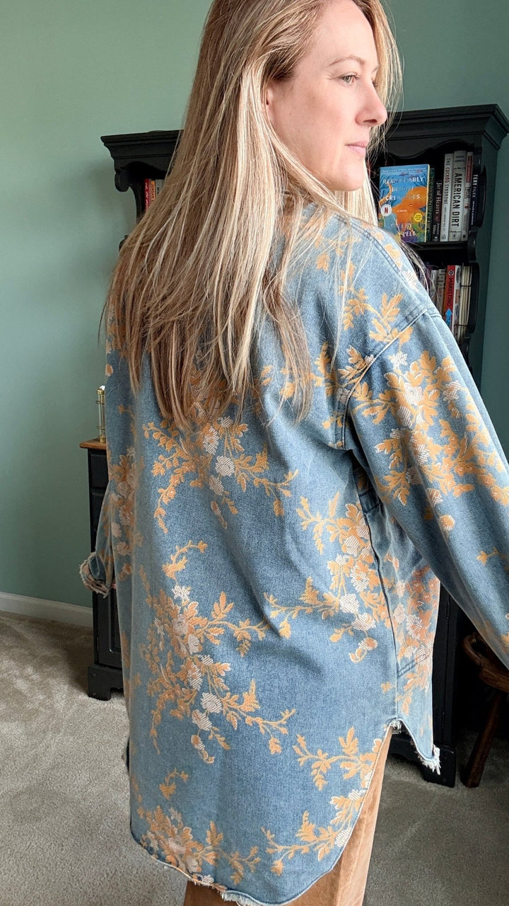 Floral Denim Relaxed Top with Pockets - 22 Palms Boutique