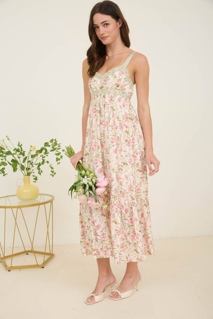 Floral Lace Trim Midi Dress - 22 Palms Boutique