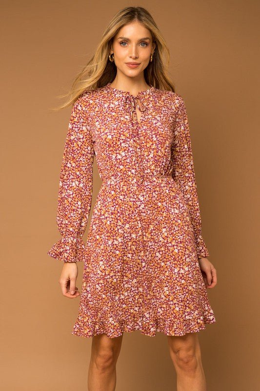 Floral Ruching Long Sleeve Dress - 22 Palms Boutique