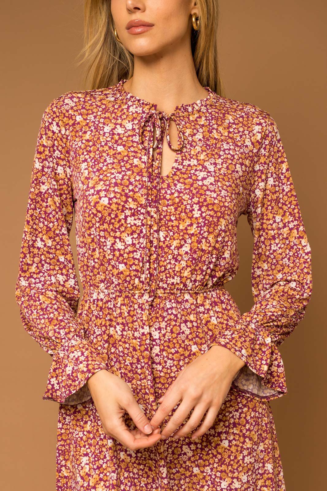 Floral Ruching Long Sleeve Dress - 22 Palms Boutique