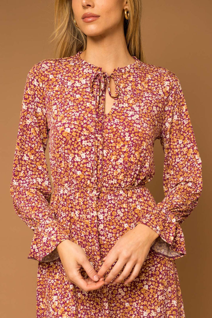 Floral Ruching Long Sleeve Dress - 22 Palms Boutique