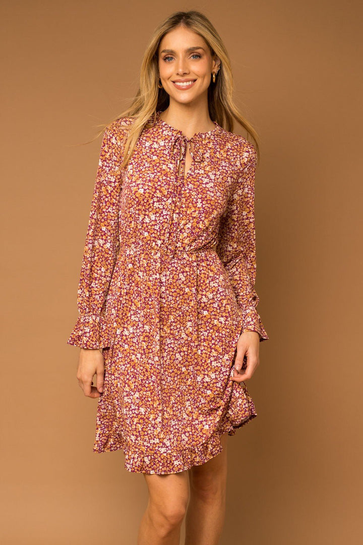Floral Ruching Long Sleeve Dress - 22 Palms Boutique