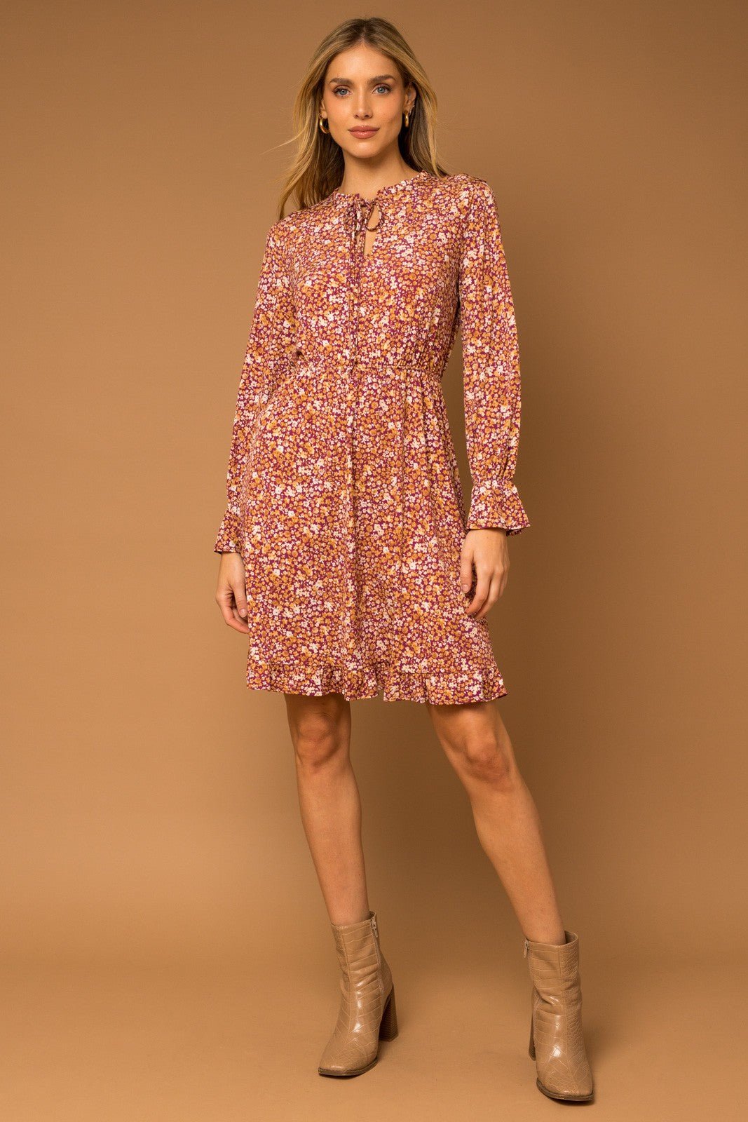 Floral Ruching Long Sleeve Dress - 22 Palms Boutique