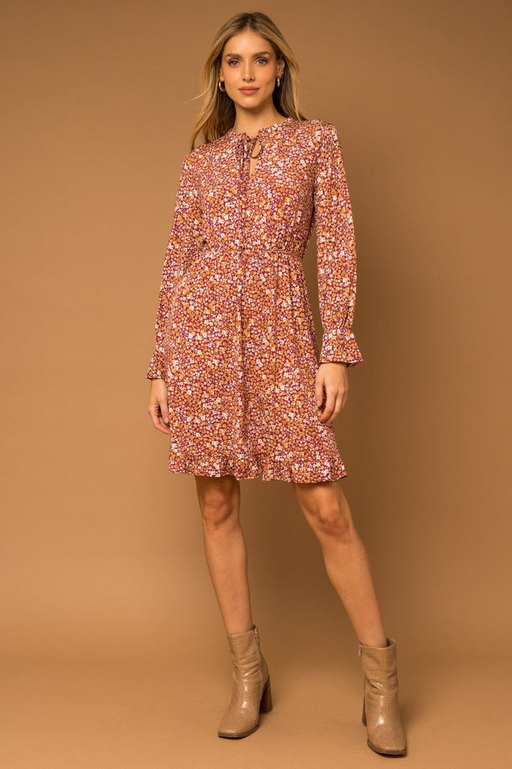 Floral Ruching Long Sleeve Dress - 22 Palms Boutique