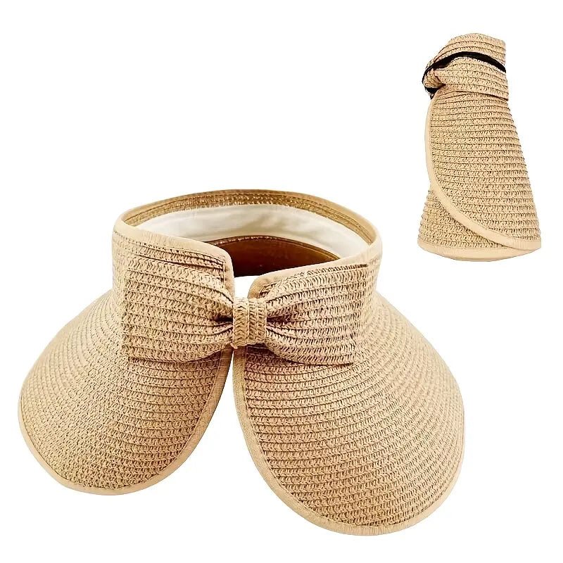 Foldable Straw Visor with Wide Brim and Bow, Khaki - 22 Palms Boutique