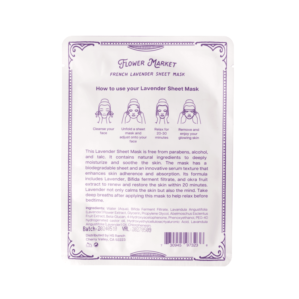 French Lavender Sheet Mask – Natural, Soothing, Paraben - Free - 22 Palms Boutique