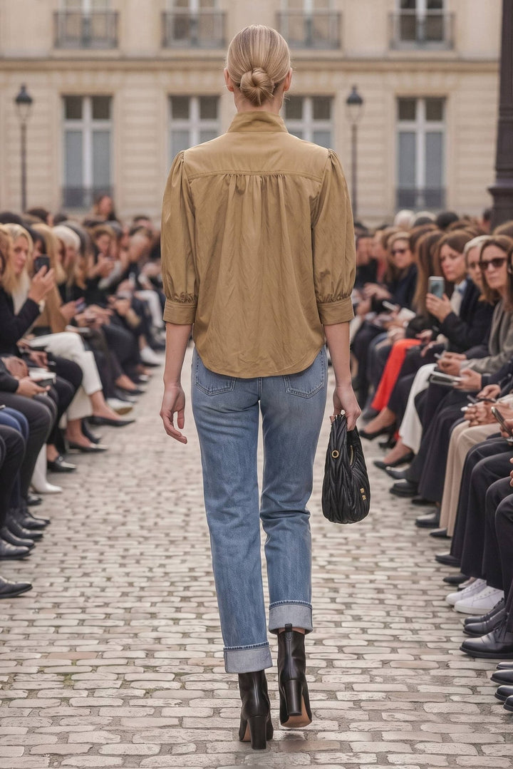Giselle High Neck Blouse in Camel - 22 Palms Boutique