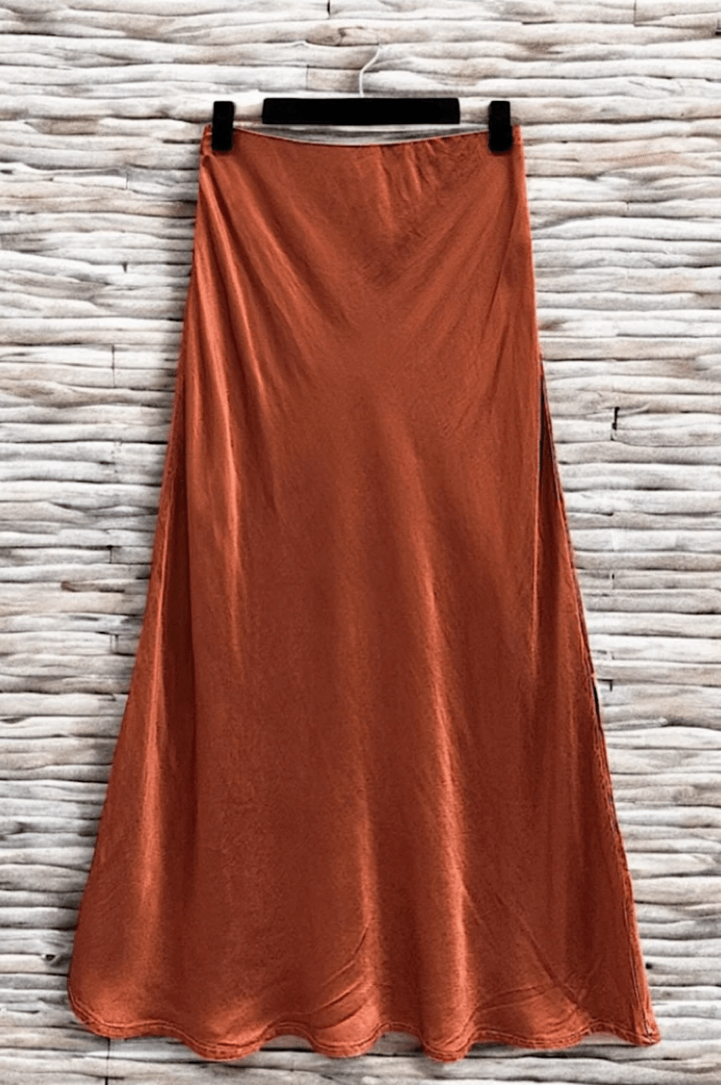 Italian Viscose Satin Midi Skirt in Rust - 22 Palms Boutique