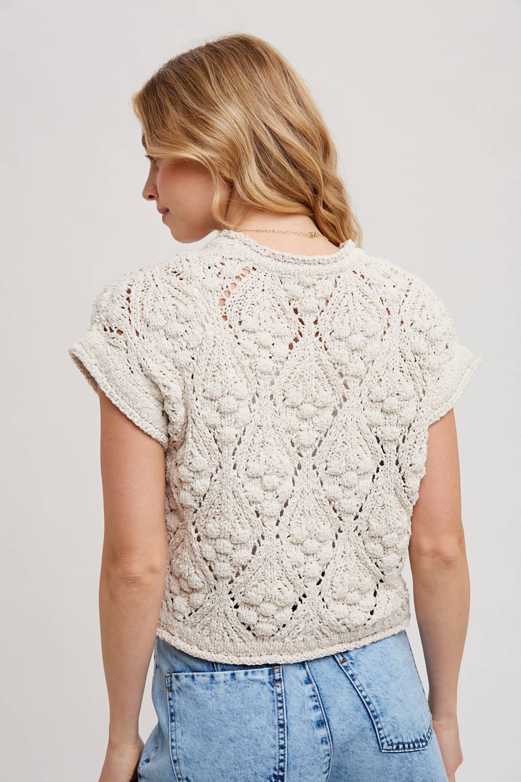 Knit Short Sleeve Crop Sweater in Natural - 22 Palms Boutique