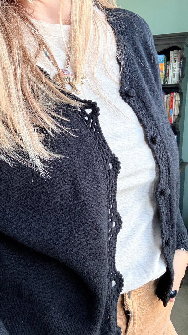 Lace Trimmed Button Front Cardigan in Black - 22 Palms Boutique