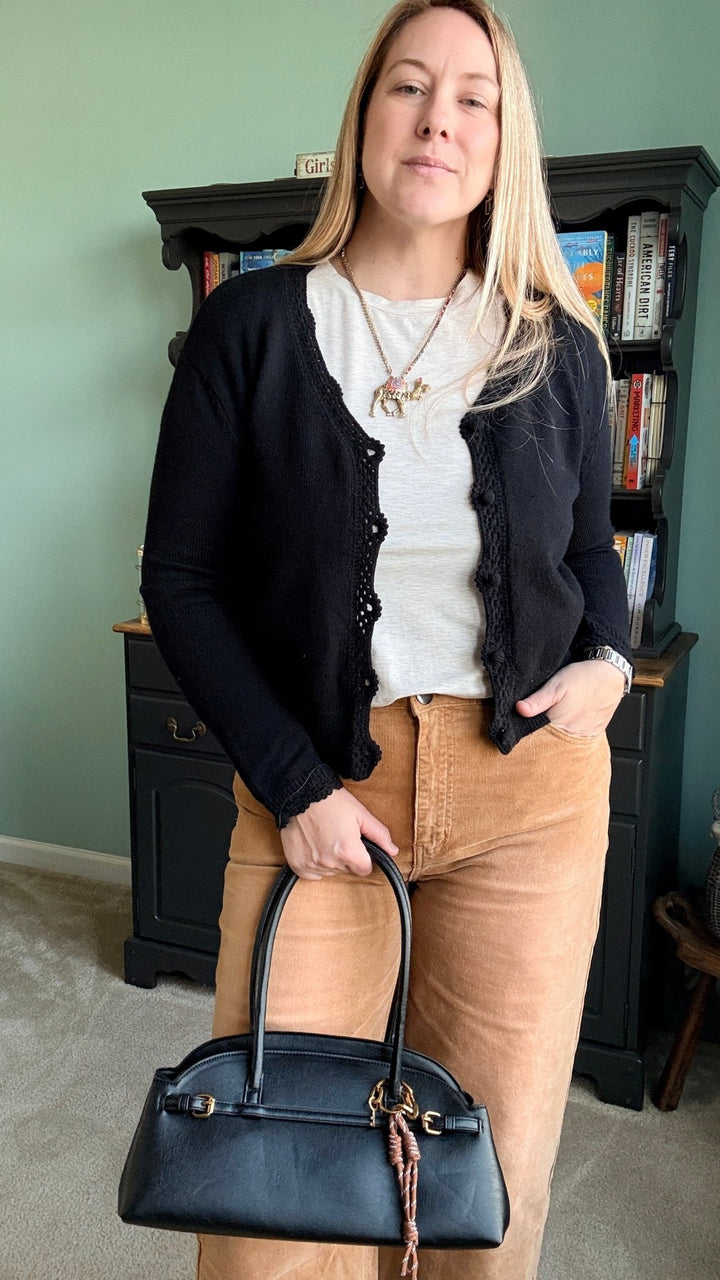 Lace Trimmed Button Front Cardigan in Black - 22 Palms Boutique