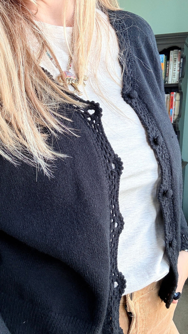 Lace Trimmed Button Front Cardigan in Black - 22 Palms Boutique