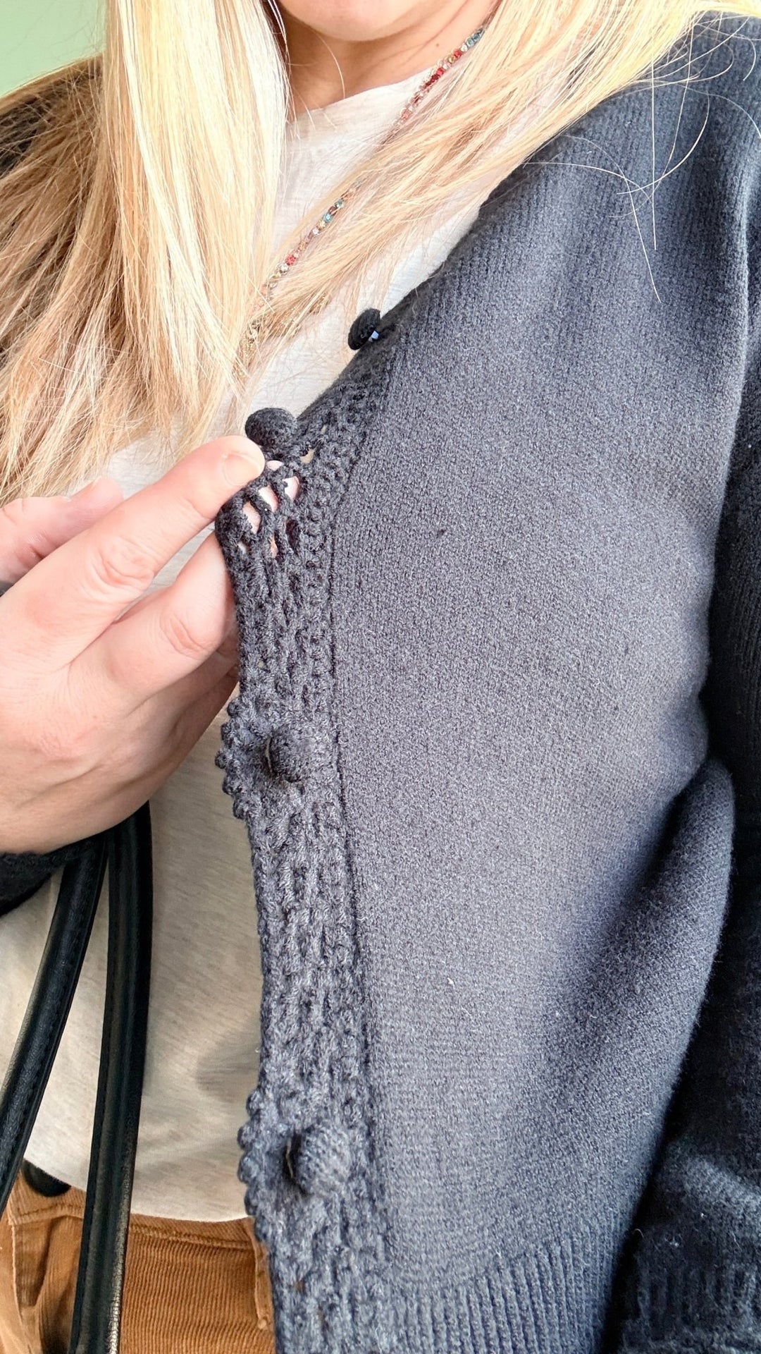 Lace Trimmed Button Front Cardigan in Black - 22 Palms Boutique