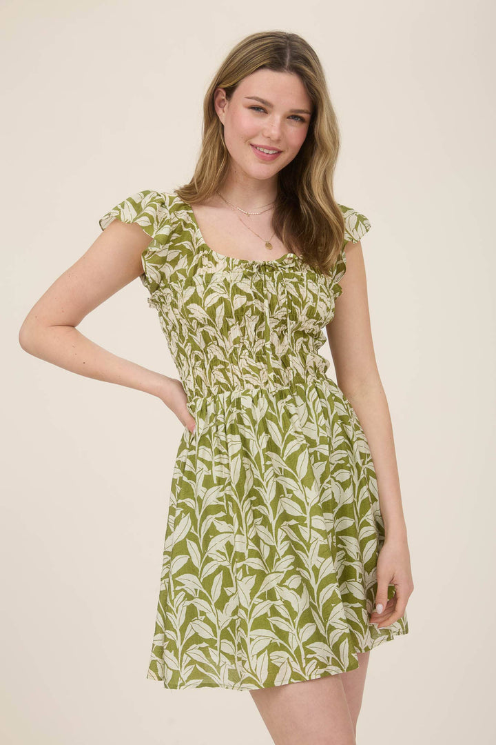 Leaf Print Smocked Mini Dress - 22 Palms Boutique