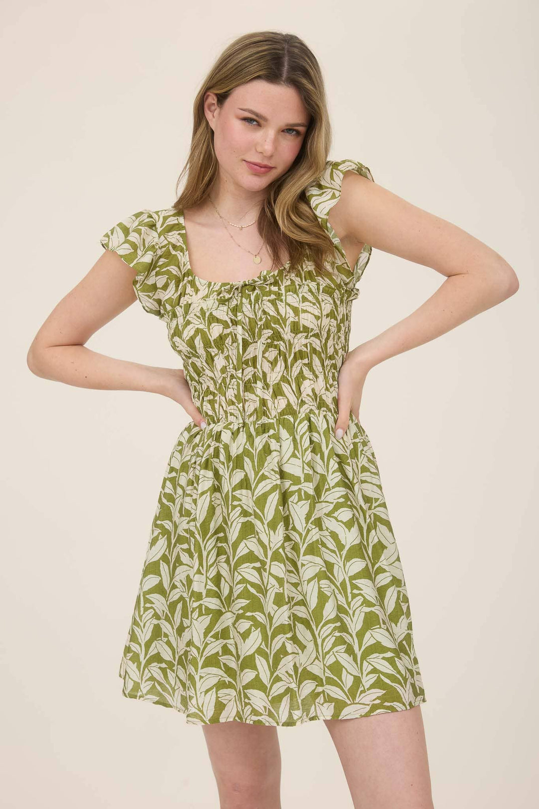 Leaf Print Smocked Mini Dress - 22 Palms Boutique