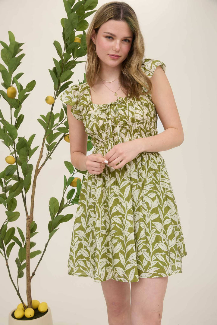 Leaf Print Smocked Mini Dress - 22 Palms Boutique