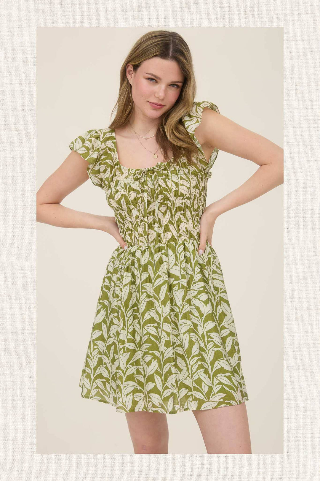 Leaf Print Smocked Mini Dress - 22 Palms Boutique