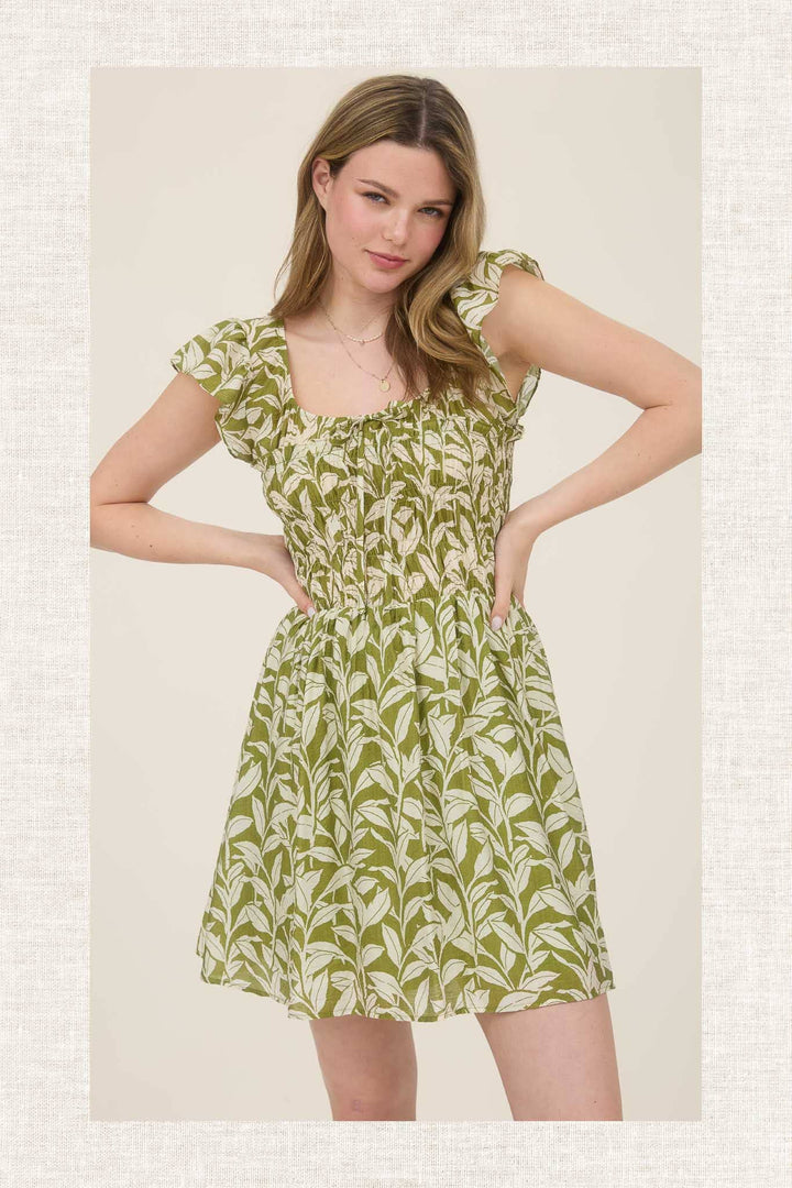 Leaf Print Smocked Mini Dress - 22 Palms Boutique