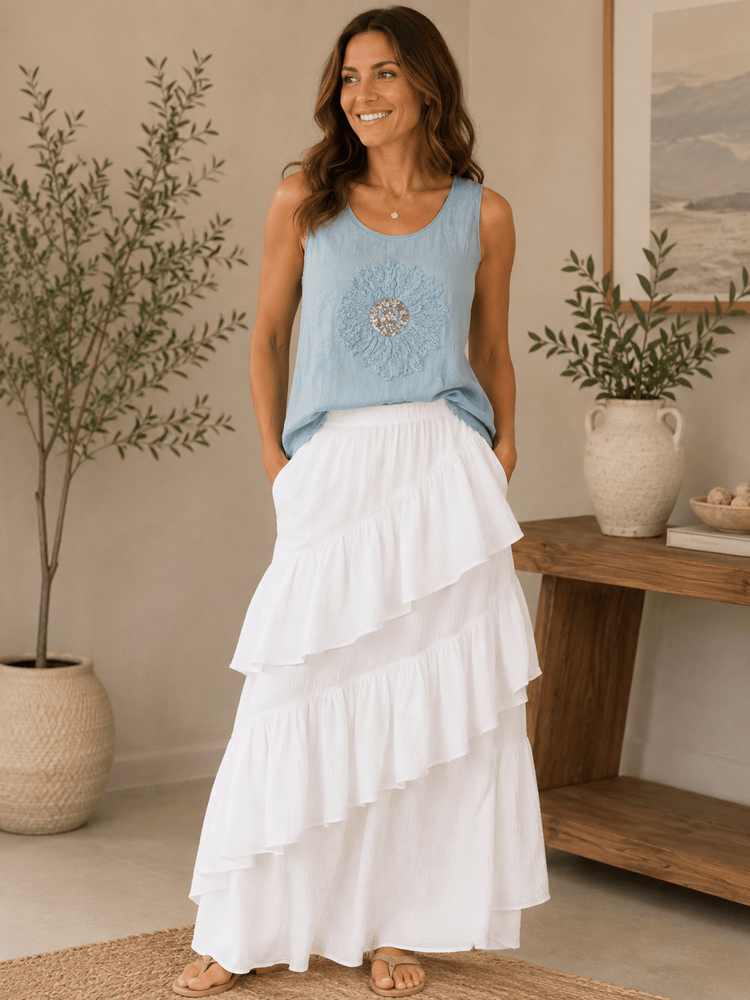 Linen Flower Tank - Blue - 22 Palms Boutique