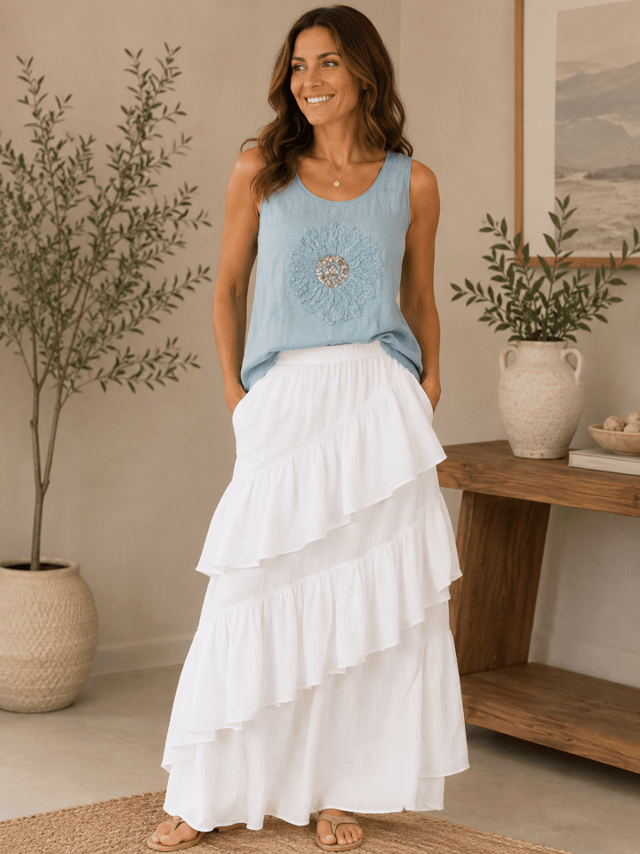 Linen Flower Tank - Blue - 22 Palms Boutique
