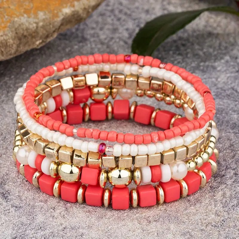 Multi beaded bracelet stack set in Coral - 22 Palms Boutique