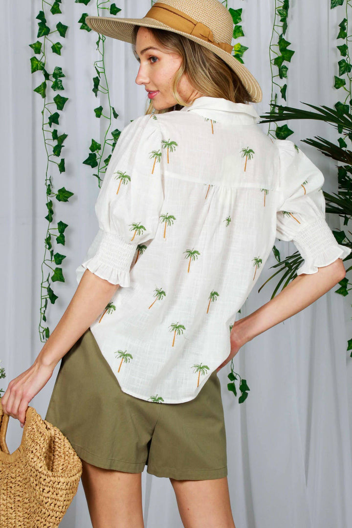 Palm Tree Embroidered Cotton Blouse - 22 Palms Boutique