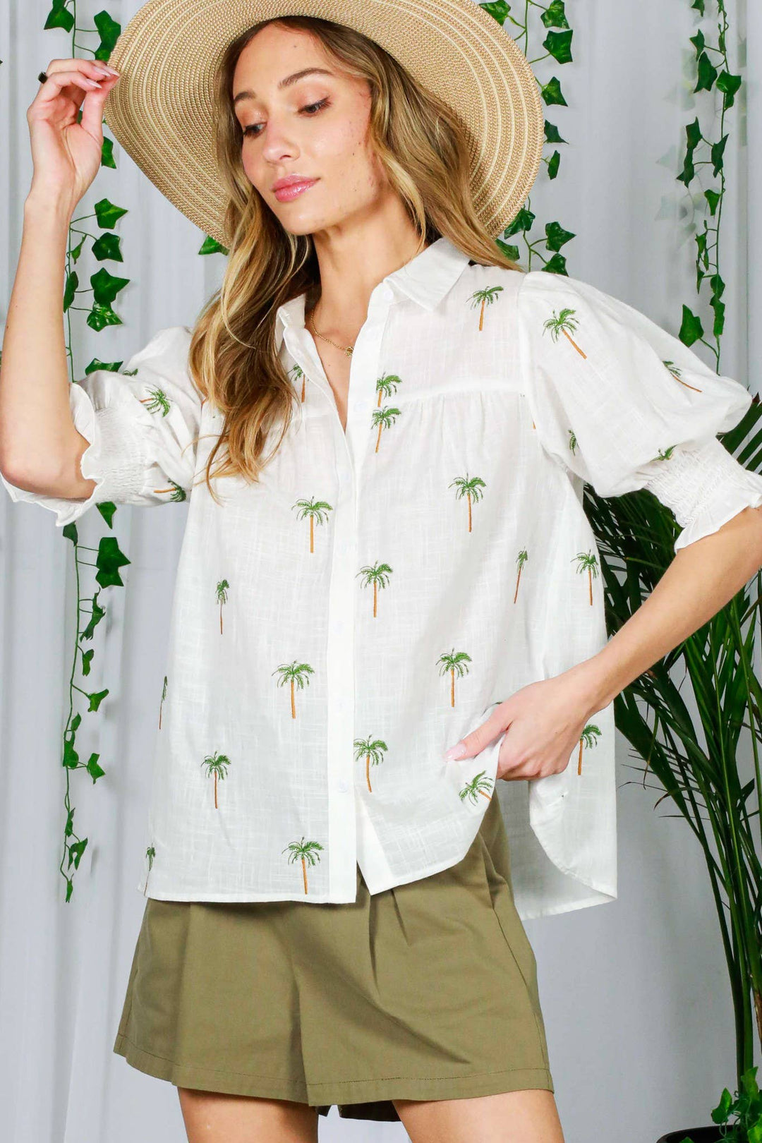 Palm Tree Embroidered Cotton Blouse - 22 Palms Boutique