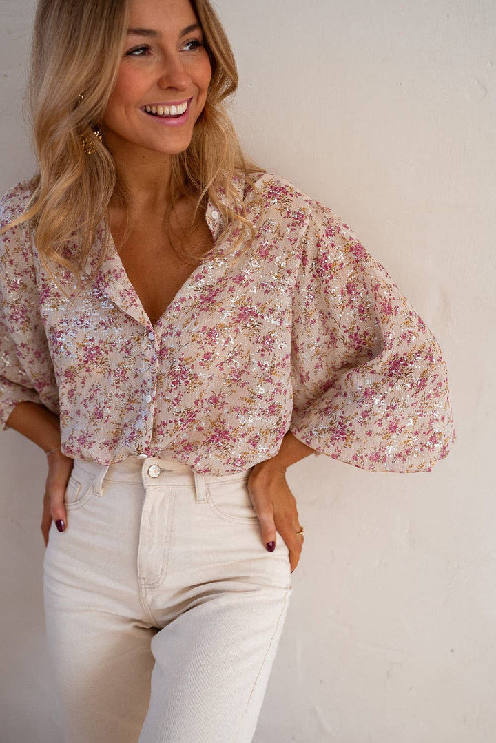 Pink Floral Bishop Sleeve Collared Blouse - 22 Palms Boutique