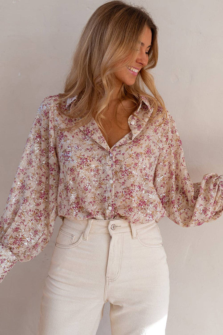Pink Floral Bishop Sleeve Collared Blouse - 22 Palms Boutique