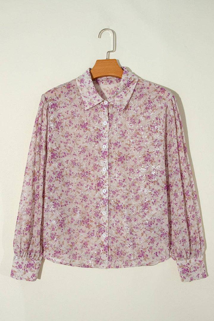 Pink Floral Bishop Sleeve Collared Blouse - 22 Palms Boutique