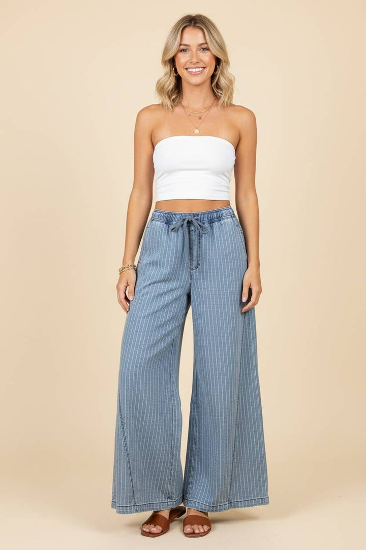 Pinstripe wide leg drawstring pants - 22 Palms Boutique