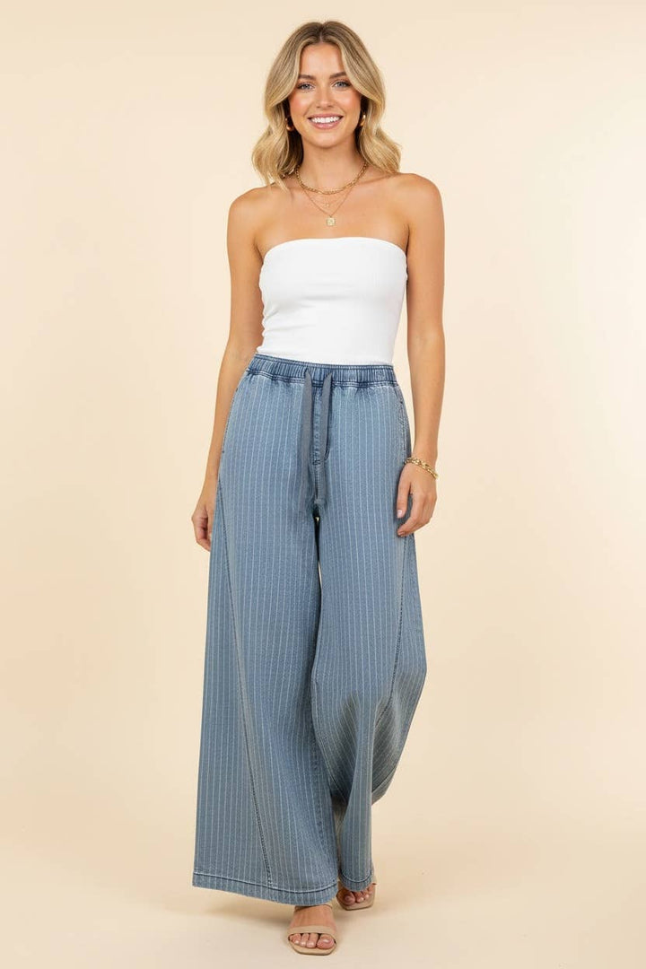 Pinstripe wide leg drawstring pants - 22 Palms Boutique