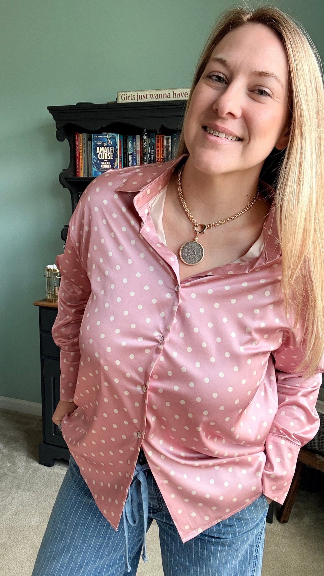 Polka Dot Collared Long-Sleeve Satin Blouse in Blush - 22 Palms Boutique