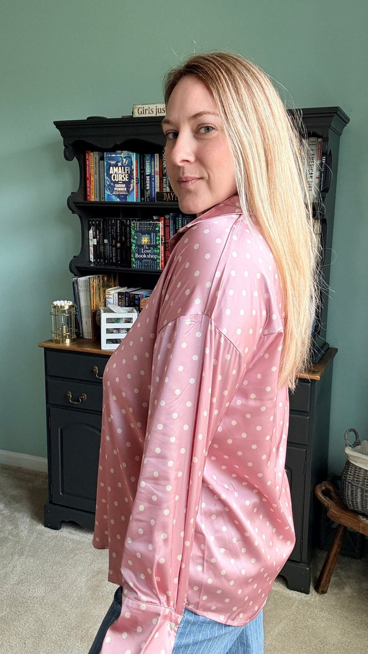 Polka Dot Collared Long-Sleeve Satin Blouse in Blush - 22 Palms Boutique