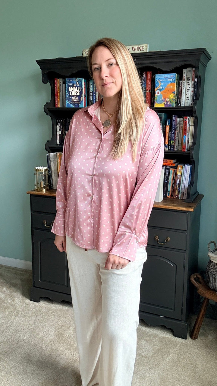 Polka Dot Collared Long-Sleeve Satin Blouse in Blush - 22 Palms Boutique