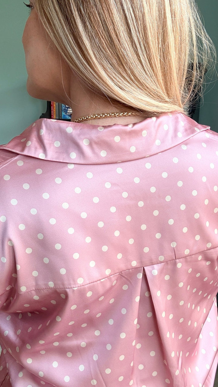 Polka Dot Collared Long-Sleeve Satin Blouse in Blush - 22 Palms Boutique