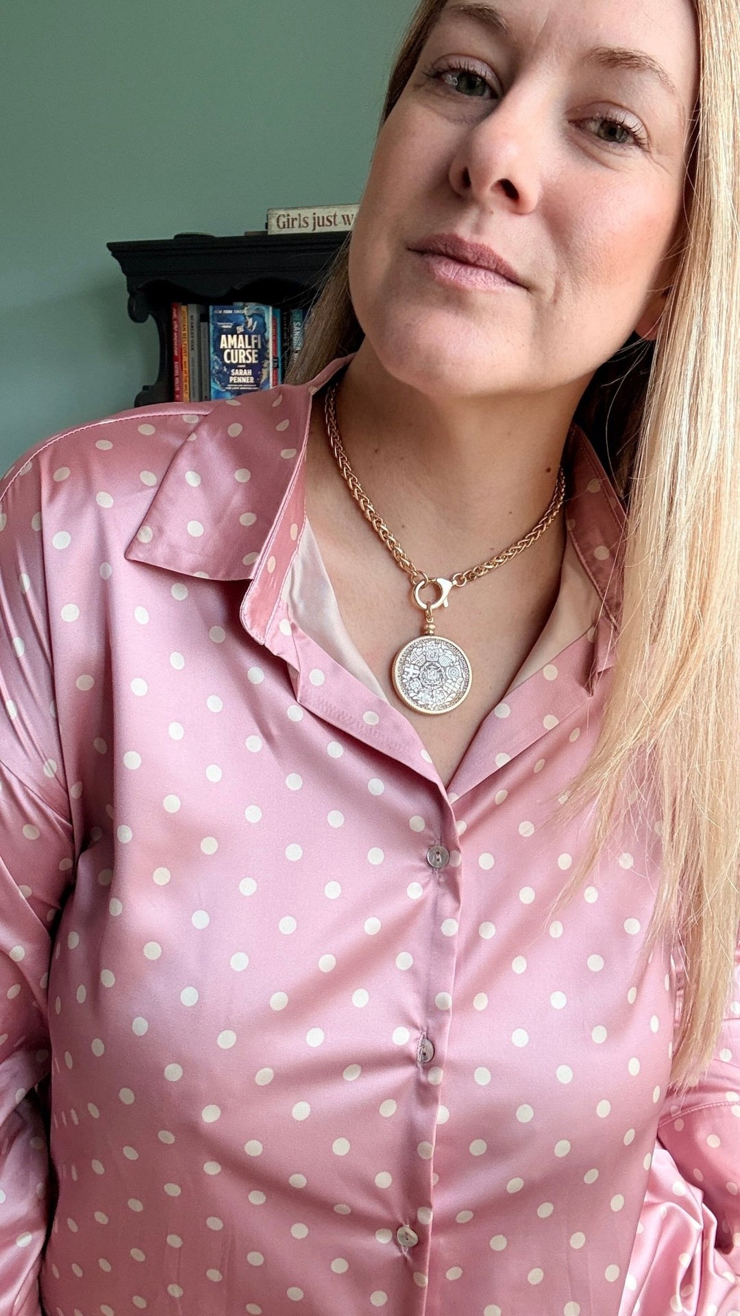 Polka Dot Collared Long-Sleeve Satin Blouse in Blush - 22 Palms Boutique