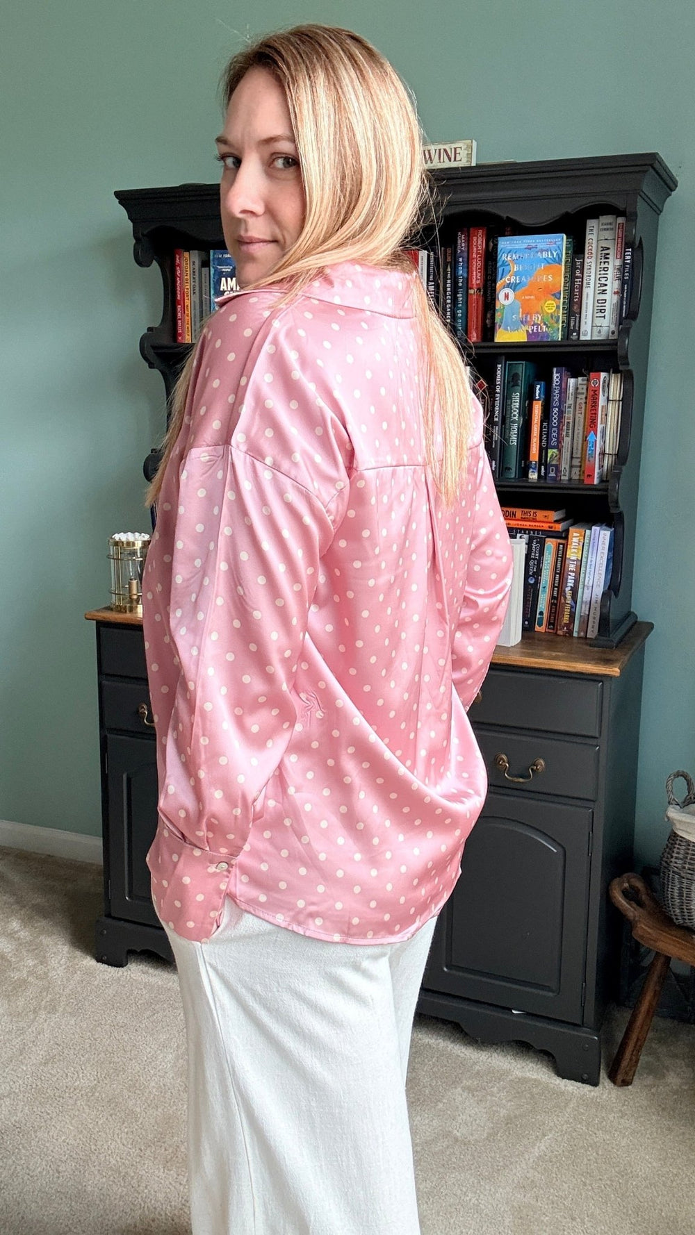 Polka Dot Collared Long-Sleeve Satin Blouse in Blush - 22 Palms Boutique