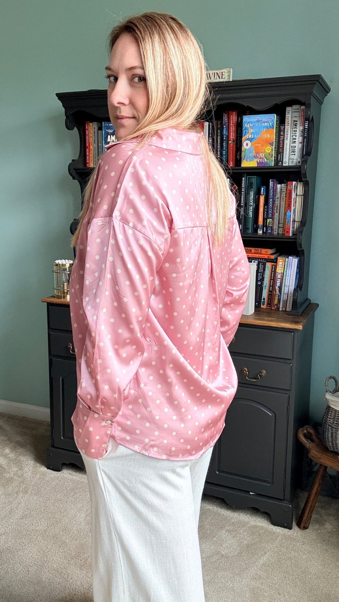 Polka Dot Collared Long-Sleeve Satin Blouse in Blush - 22 Palms Boutique
