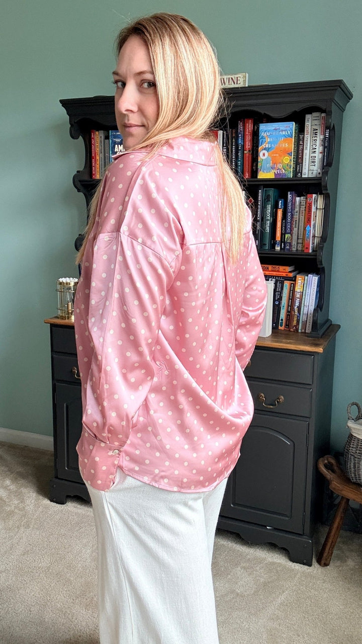 Polka Dot Collared Long-Sleeve Satin Blouse in Blush - 22 Palms Boutique