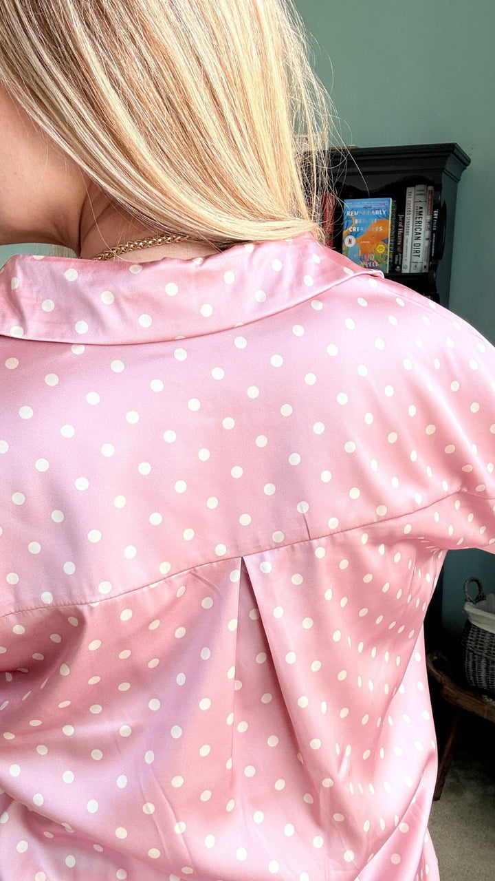 Polka Dot Collared Long-Sleeve Satin Blouse in Blush - 22 Palms Boutique
