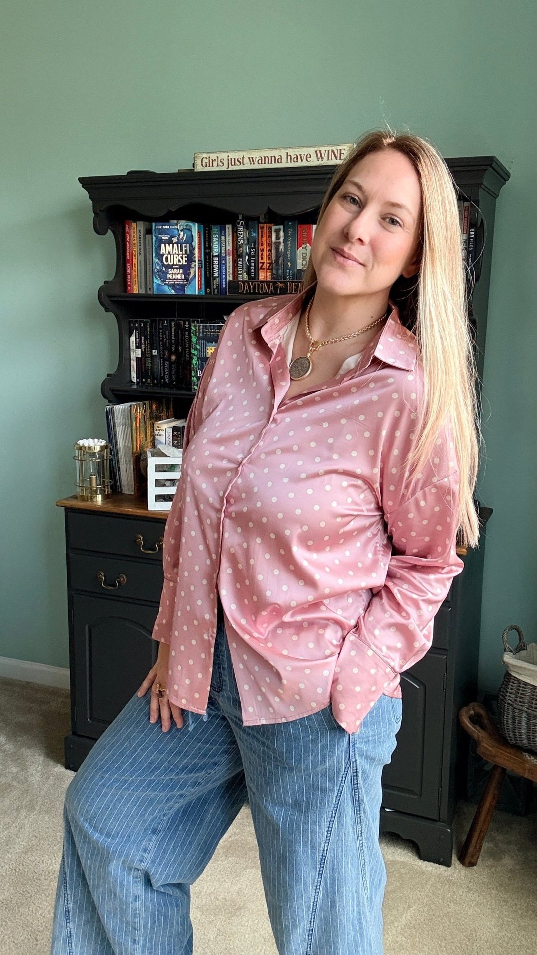 Polka Dot Collared Long-Sleeve Satin Blouse in Blush - 22 Palms Boutique
