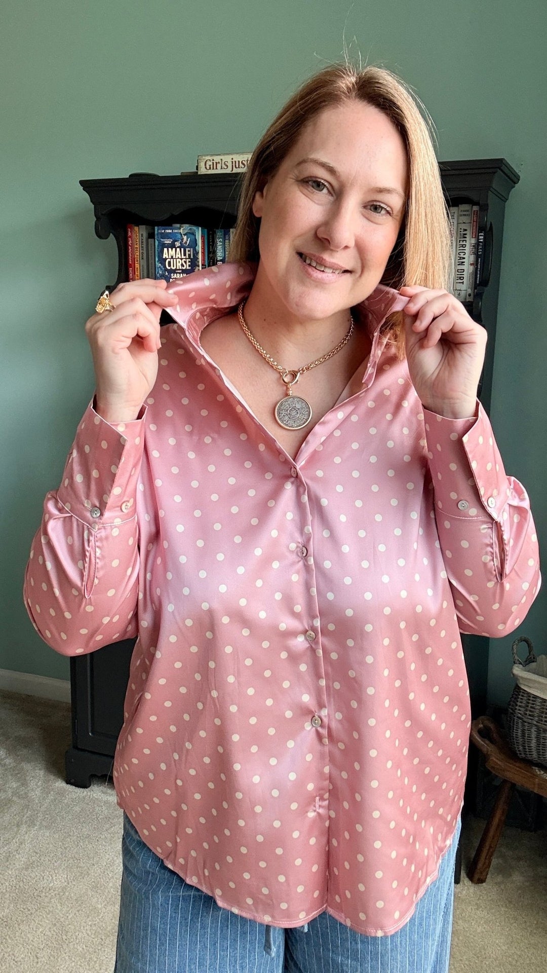 Polka Dot Collared Long-Sleeve Satin Blouse in Blush - 22 Palms Boutique