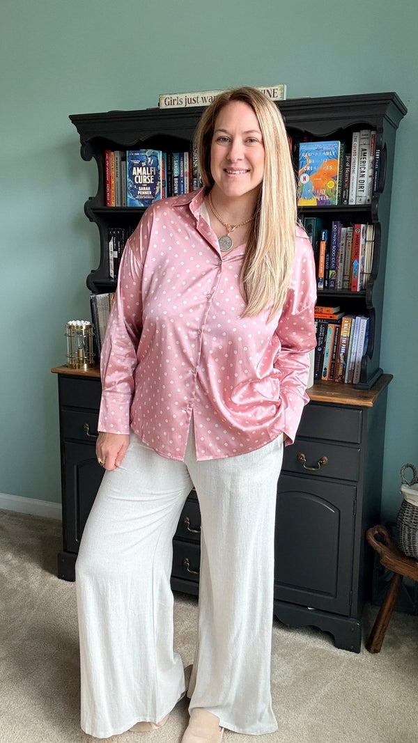 Polka Dot Collared Long-Sleeve Satin Blouse in Blush - 22 Palms Boutique