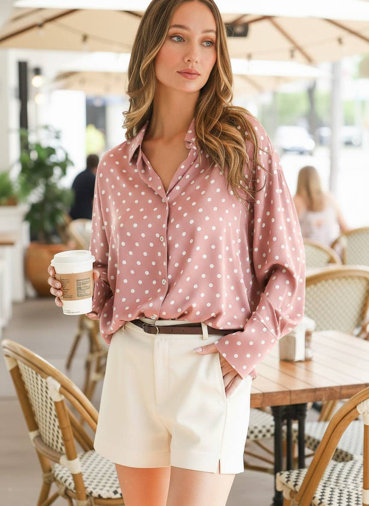 Polka Dot Collared Long-Sleeve Satin Blouse Top - 22 Palms Boutique