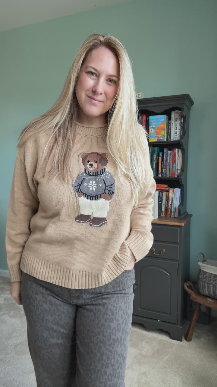 Teddy Bear Crew Neck Intarsia Knit Sweater in Khaki