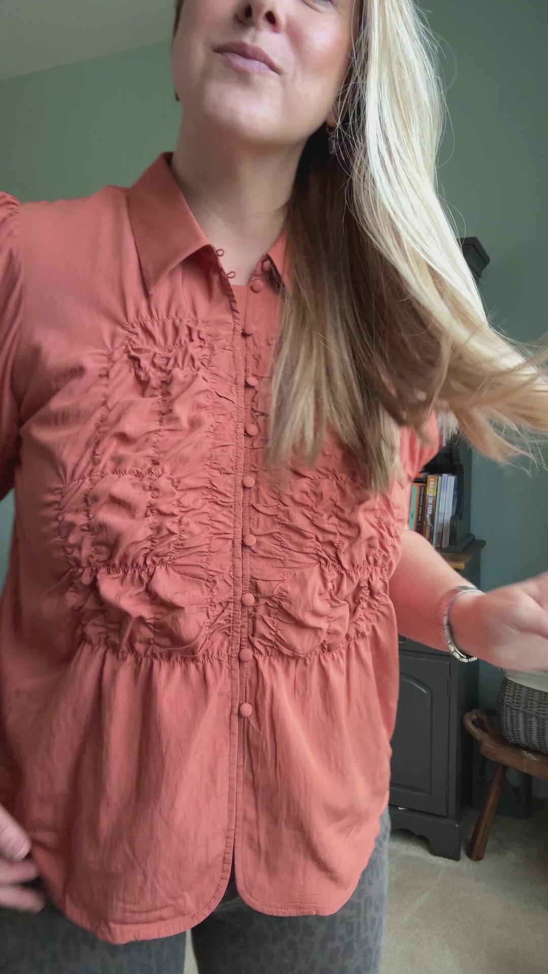 Ruched Front Button Up Blouse in Sienna