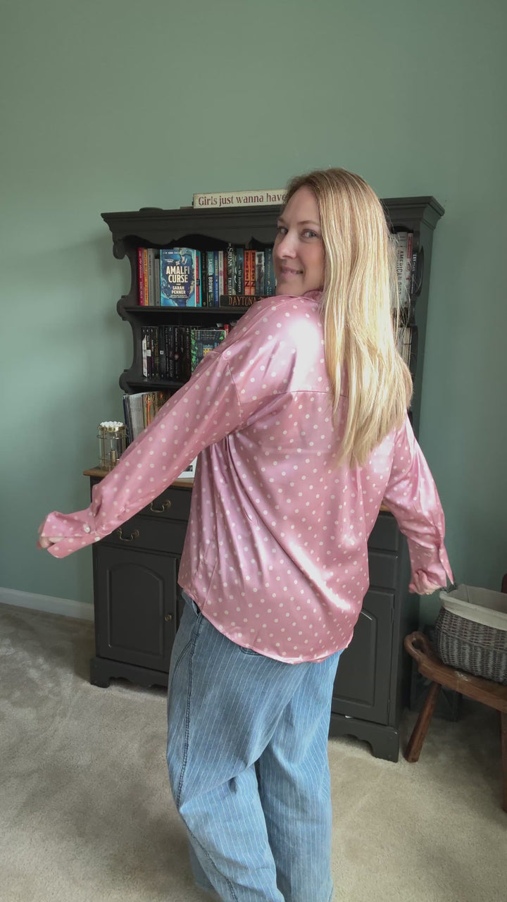 Polka Dot Collared Long-Sleeve Satin Blouse in Blush
